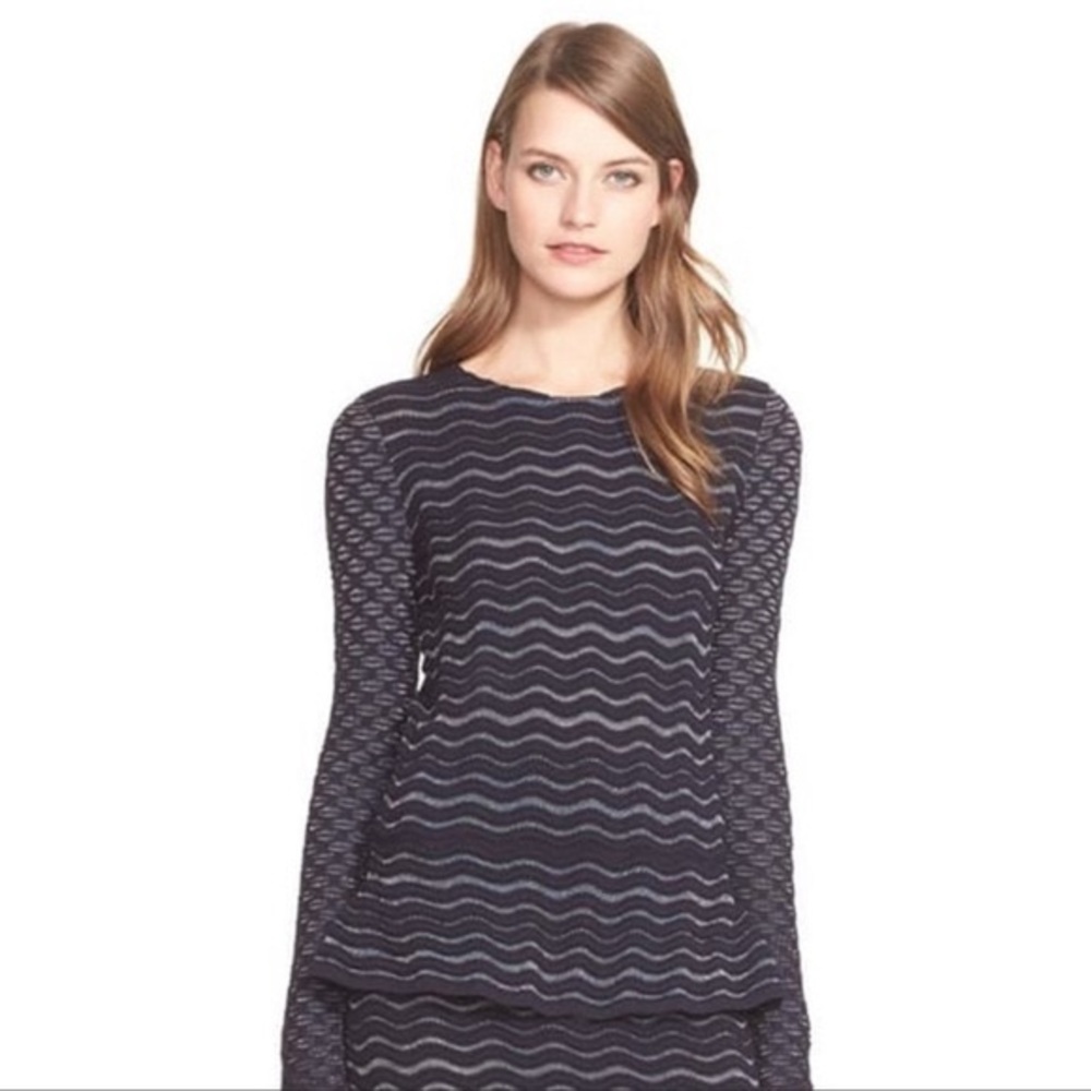 Tory Burch Metallic Navy Merino Wool Wavy Stripe Sweater w/ Peplum